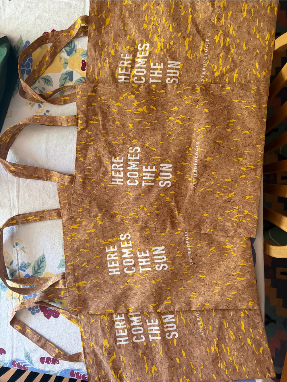 Anthropologie Cork Tote with White Lettering and Yellow Speckle- 4 pack